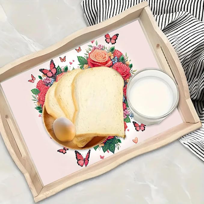 BAYUNOE DIY Diamond Serving Tray Rectangular Wooden Breakfast Tray with Handle Handmade Diamond Art Painting Spring Creative Dinner Plate Coffee Room Living Home Organizer-Rose Heart