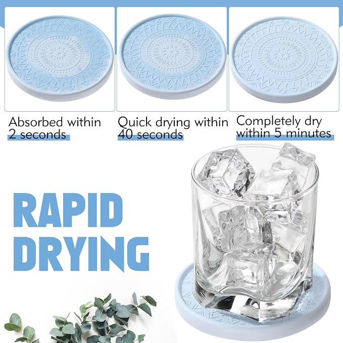 Photect Diatomaceous Earth Coasters Set with Holder Absorbent Stone Drink Coasters Instant Drying Tray for Tabletop Protection Home Decoration Housewarming Gift(Green,4 Pcs)