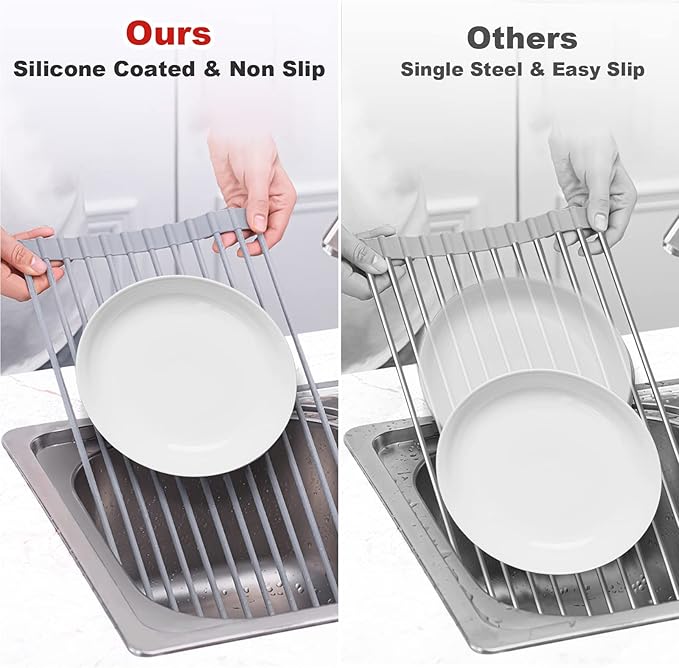 MERRYBOX Roll Up Over The Sink Dish Drying Rack Silicone Wrapped Foldable, Heat-Resistant, Anti-Slip Sink Rack Multipurpose Dish Drainer for Kitchen Sink Counter - Grey, 17.5" x 11"