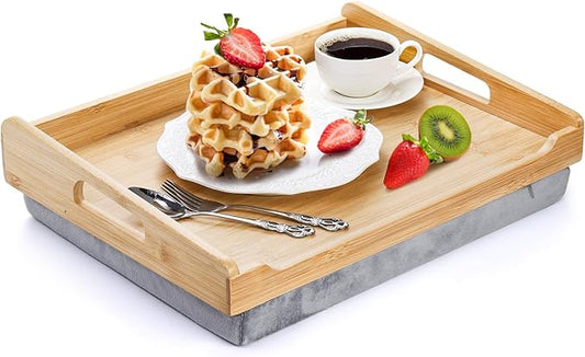 TOPZEA Bamboo Lap Tray with Detachable Cushion, 16.5"x 12.5" Bed Trays TV Lap Desk, Breakfast Meal Serving Tray with Handle for Adults Eating in Recliner, Couch, Car, Fits for 13-14 Inch Laptops