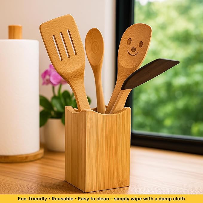 JapanBargain, 4-Pack Bamboo Cooking Spatula Utensil Holders, Counter Top Organizer for Chopsticks Flatware, Cooking Tools, Spoons, 4x4x5.5 inch