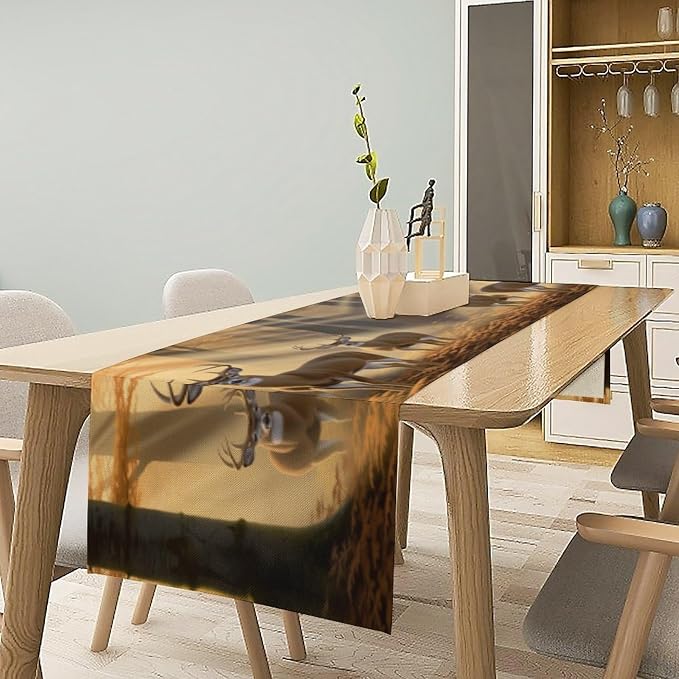 Deer Table Runner, Vintage Rustic Forest Hunting Lodge Elk Animal Table Decor Table Top Dining Kitchen Wedding Party 13x108 in