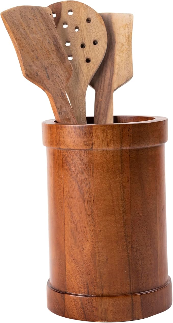 Wood Utensil Holder 7" Kitchen Utensil Storage for Counter Top Kitchen Décor Natural Finish Brown.
