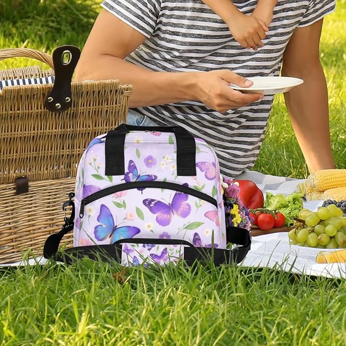 Elegant Purple Butterfly Lunch Bag Women Lunch Box for Women Adult Men Reusable Cute Lunch Box Tote Cooler Bags Insulated Portable Lunch Containers for Work, Office, Travel, Picnic