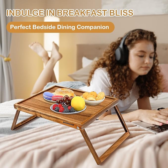 PANDAWOOD Acacia Wood Bed Tray Table - Large Folding Breakfast in Bed Tray with Legs - Laptop Lap Desk for Eating on Couch - TV Dinner Tray with Handles (Wood)
