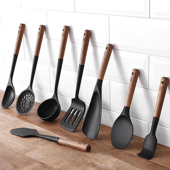 WAGENSTEIGER Silicon Cooking Skimmer Ladle with Wooden Handle: Slotted Cooking Spoon for Deep Frying Food, Food Separator, Heat Resistant, BPA Free, Gentle Head Design for Non-Stick Cookware