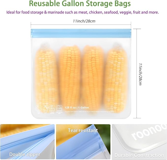 6 Pack Dishwasher Safe Reusable Gallon Freezer Bags Food Storage Bags, Extra Thick Leakproof Silicone & Plastic Free Ziplock Bags for Meal Prep, Fruits, Sandwich, Snack, Travel Items
