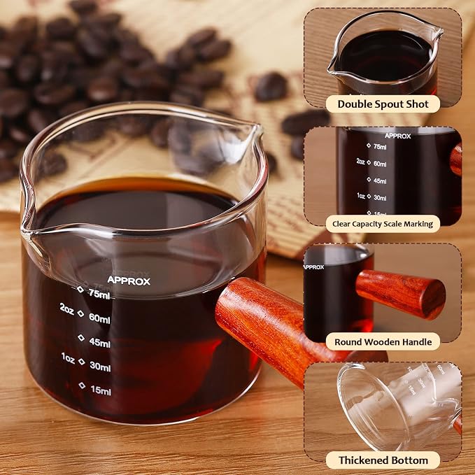 Bincoo 100ML Espresso Shot Glass with Wood Handle - Double Spout Measuring Cup for Perfect Latte Art, Dishwasher Safe, Easy-Pour Design (OZ/ML Markings)