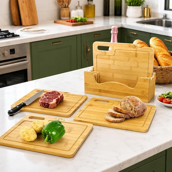 ZENFUN 4 Pack 12.5"L x 9.8"W Bamboo Cutting Boards with Holder, Wood Cutting Board Set, Chopping Boards Set with Food Icons, Kitchen Cutting Board Ideal for Meat, Fish, Bread, Vegetable, Fruit