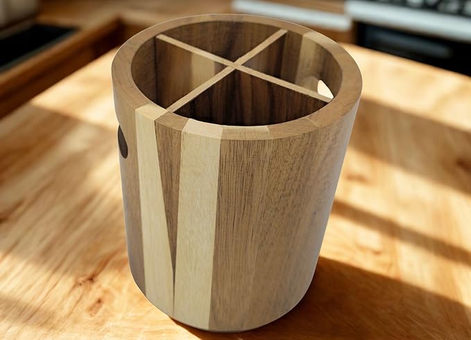 Acacia Wood Utensil Holder for Kitchen Counter, Large 360° Rotating Wooden Utensil Crock Organizer with Divider, Farmhouse Cooking Utensil Holder for Countertop