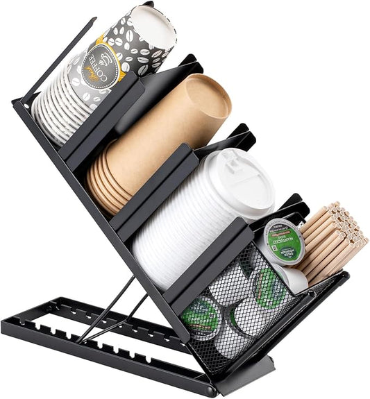 Coffee Cup Holder Organizer 4 Compartment Disposable Cup Dispenser, Cup and Lid Holder with Mesh Basket for Countertop Coffee Station Bar, Black
