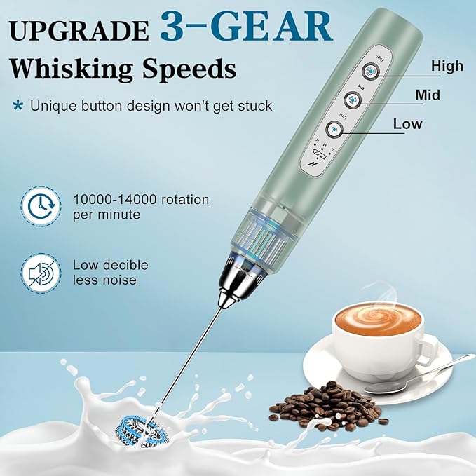 BSRGMS Milk Frother Handheld for Coffee, Electric Whisk 3 Speed Adjustable, Drink Mixer with Stainless 3 Whisks, Rechargeable Hand Frother Wand, Foam Maker for Latte Cappuccino Hot Chocolate Egg Green