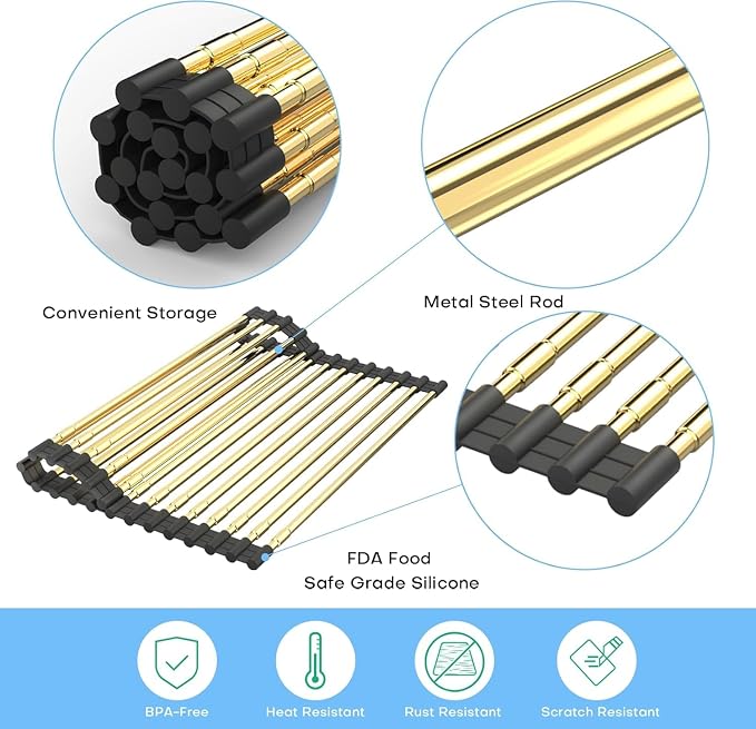 Expandable Roll Up Dish Drying Rack, Adjustable Large Over The Sink Rack Draining Rack (Max Extends to 21.25”) for Stainless Steel Sink Rack, Collapsible Rolling Up Rack 18 Tube for Kitchen, Gold