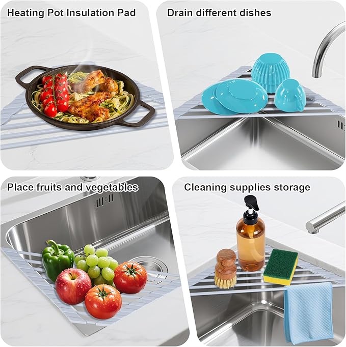 HANZENMA Triangular Sink Rack, Multi-Functional Rack Above the countertop, Foldable Sink Drying mat, Heat-Resistant, Non-Slip, and Rust-Proof Dish Rack (Gray)