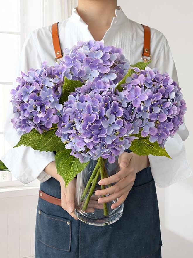 JINWOE Bright Purple Boho Artificial Hydrangeas Flowers,4Pcs 20" Real Touch Lifelike Silk Artificial Hydrangeas, Full Fake Flowers for Bouquet Table Centerpieces Spring Wedding Indoor Home