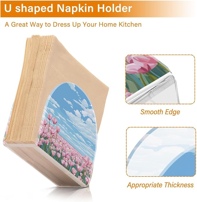 Napkin Holder Acrylic Napkin Holder for Table Kitchen Party Restaurant U Shaped Upright Napkin Dispenser Organizer Pink Tulip Field and Blue Sky