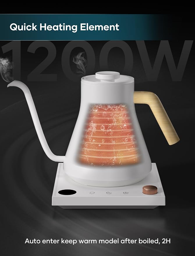 INTASTING Electric Kettles, Gooseneck Electric Kettle, ±1℉ Temperature Control, Stainless Steel Inner, Quick Heating, for Pour Over Coffee, Brew Tea, Boil Hot Water, 0.9L White