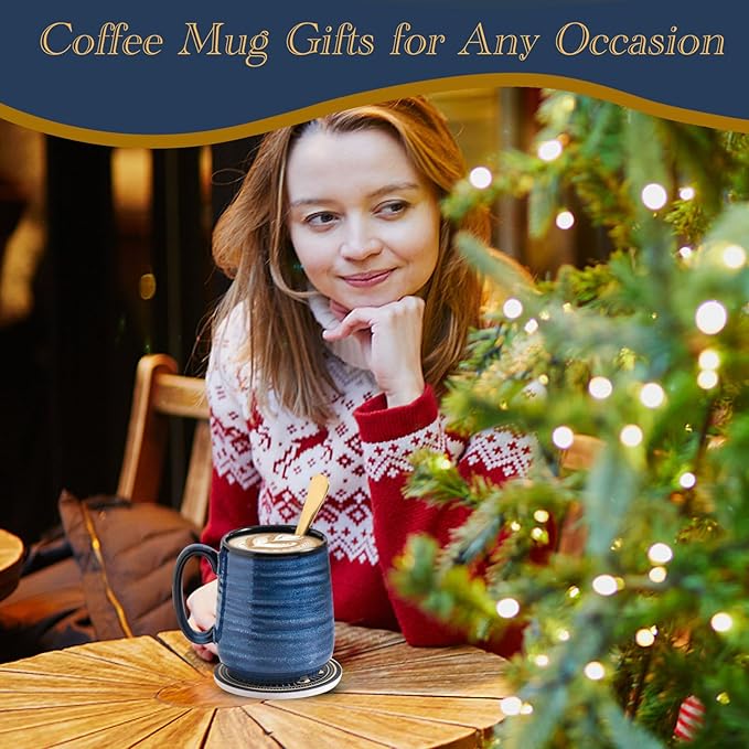 HASENSE Coffee Mugs Set of 2, 12oz Ceramic Glazed Mugs with Handles, Blue Reactive Glazes Tea Cups Gift Set for Men and Women, Includes Gold Spoon & Coaster