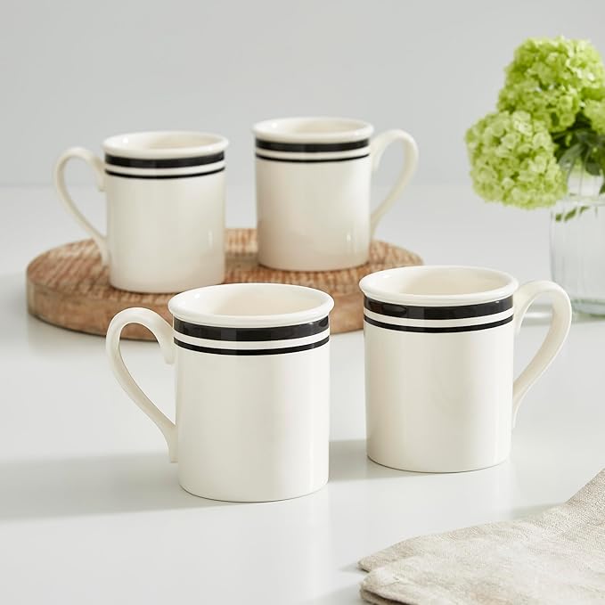 Portmeirion Potter's Stripe Breakfast Mug (Set of 4) - 9oz White Ceramic Mugs with Black Stripe Pattern - Microwave, Dishwasher, Freezer Safe Earthenware Mugs for Tea & Coffee Lovers (Black)