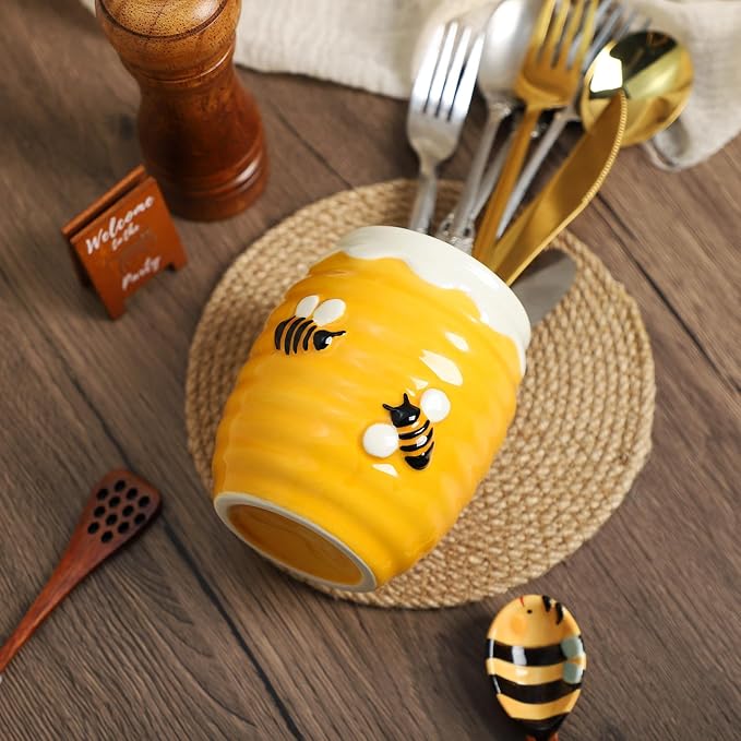 Utensil Holder, Honey Pot Caddy Cutlery Holder Silverware, Ceramic Utensils Organizer Elegant , Spoon Holder for Kitchen Table