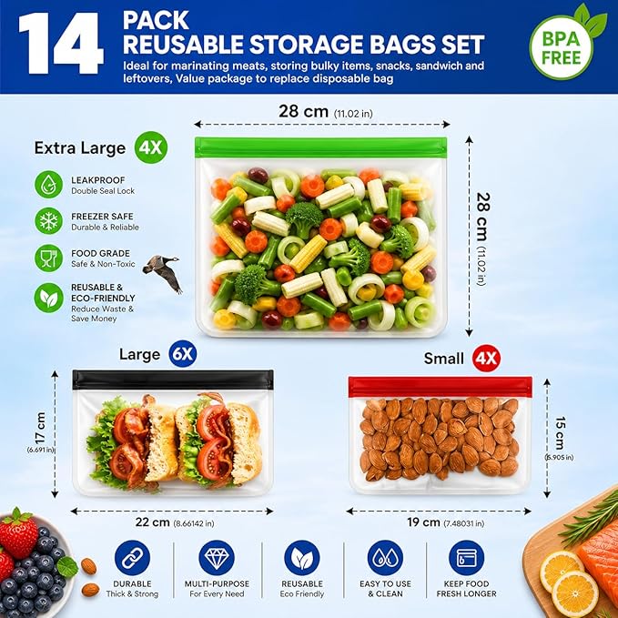 14-Pack Reusable Silicone-Style Ziplock Food Storage Bags – BPA-Free, Leakproof with 4 Snack, 6 Sandwich & 4 Gallon Sizes – Extra Thick, Freezer Safe & Eco-Friendly for Kitchen, Meal Prep & Travel