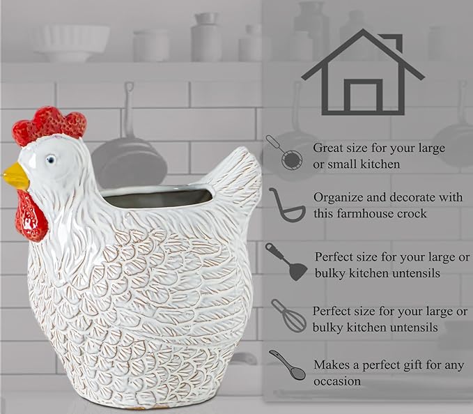 Hen Kitchen Utensil Holder For Countertop Ceramic Utensil Crock For Kitchen Counter Chicken Decorative Farmhouse Organizer Crock For Forks Spoons Cooking Utensils Countertop Storage Container