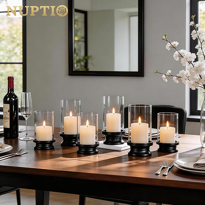 NUPTIO Hurricane Glass Candle Holder: Set of 2 Black Pillar Candle Holders with Glass Cylinder - Metal Pillars Candleholder for Halloween Thanksgiving Fireplace Living Room Decor