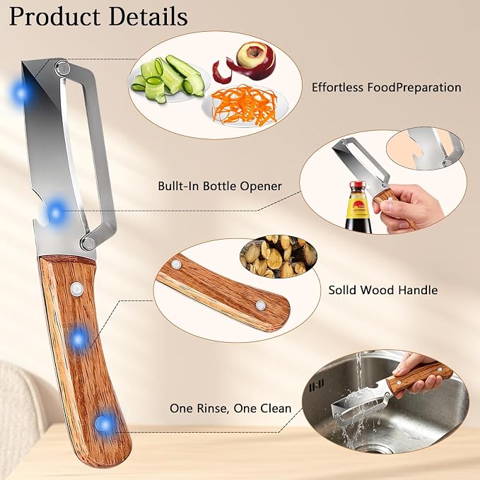 3pcs 2 In 1 Multi-Functional Vegetable Peeler With Bottle Opener, Stainless Steel Kitchen Tool With Wooden Handle, Premium Vegetable Peeler Suitable For Potatoes, Apples, Pineapples, Mangoes Cucumber