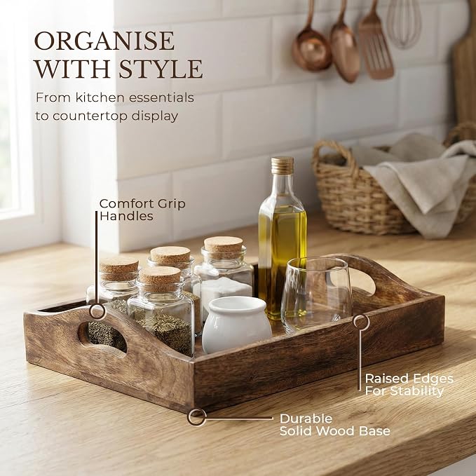 Ajuny Set of 3 Wooden Serving Tray with Handles Decorative Solid Plain Style Handcrafted Rectangular Platter for Snacks Coffee Tea and Versatile Kitchen & Home Gift (15.7x11, 13.7x9.9, 11.4x8 Inch)