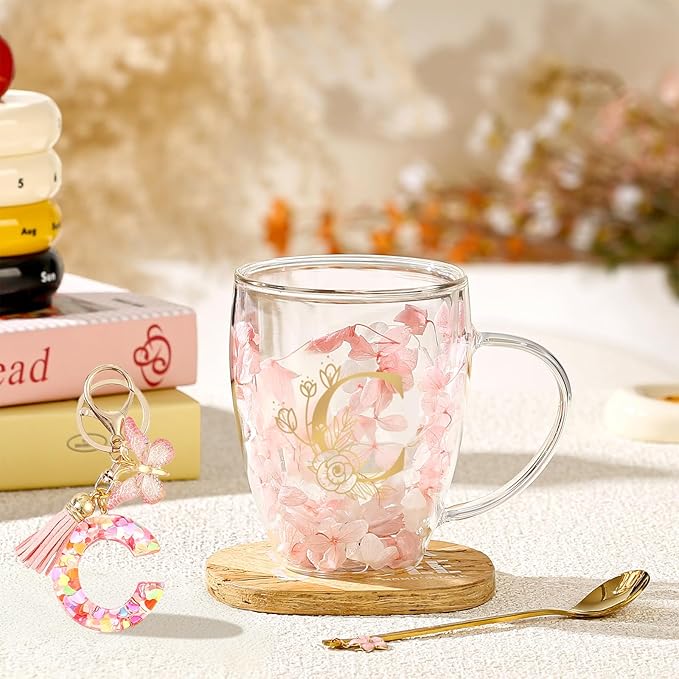 Personalized Gifts for Women Flower Double Wall Glass Coffee Mug Initial Tea cup Monogrammed Customized Bridesmaid Bride Wedding Gift Graduation Gifts Valentine Mother's Day Birthday Christmas Gift(C)