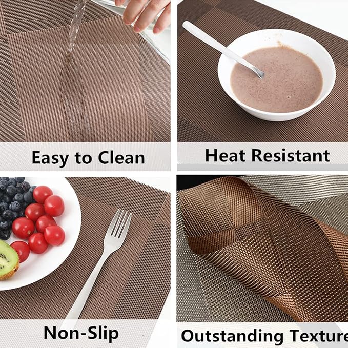 Placemats, Washable PVC Table Mats, Woven Vinyl Placemat for Dining Table Place Mats Set (6 Placemats and 1 Table Runner, Brown)