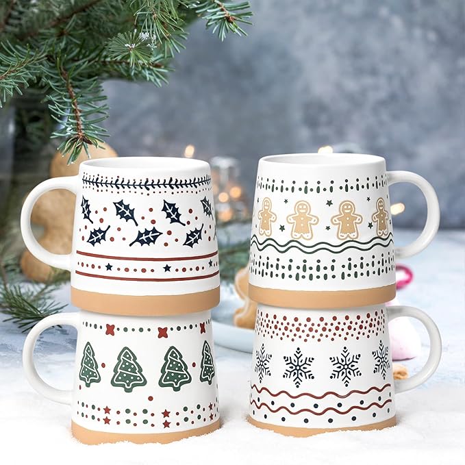 Homlouue Christmas Mugs Set of 4, Merry Christmas Mugs, Holiday Mug, Holiday Coffee Mugs, Xmas Gifts for Friends Family Coworker, 14 Oz