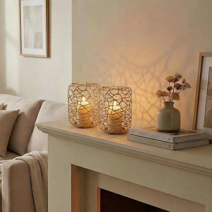 Nest Decorative Lanterns for 3'' Pillar Candles, Gold Candle Holders Set of 2, Rustic Candleholder Stand for Fireplace Mantel Decor & Table Centerpieces for Christmas, Thanksgiving