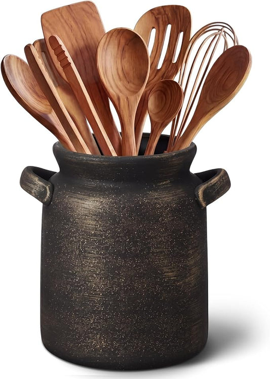 Qinyoung Rustic Kitchen Utensil Holder 6 Inch Small Ceramic Utensil Holder with Handle Vintage Crock Decoration Spatula Organizer for Kitchen Countertop Farmhouse Party Supplies(Black,Single Handle)