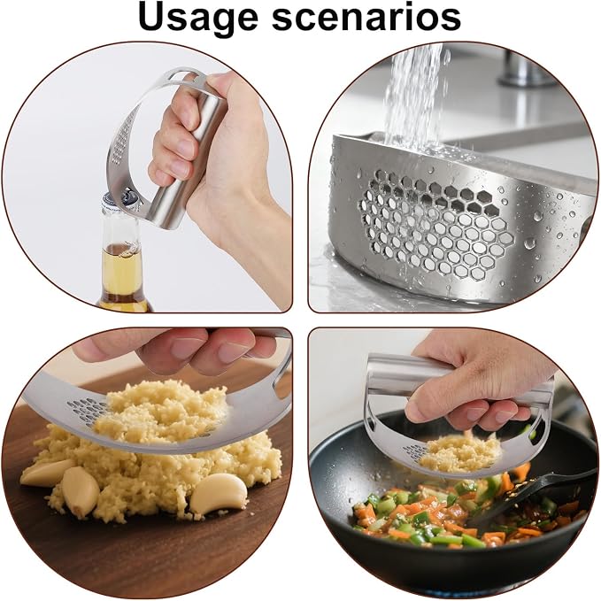 Stainless Steel Garlic Press Set, Includes 2 Stainless Steel Garlic Press Tools 1 Silicone Peeler Tube and 1 Brush Practical Kitchen Gadgets for Easy Smashing
