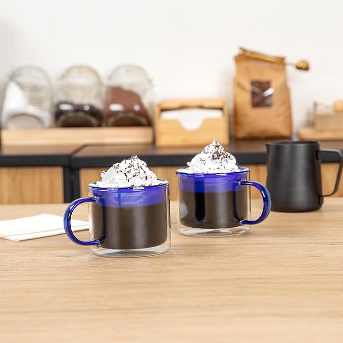 Restaurantware Coffee Cups 2 Pack of 11 oz Double Wall Glass Insulated Coffee Cup Borosilicate Mug Thermal Shock Resistant Handle Modern Design