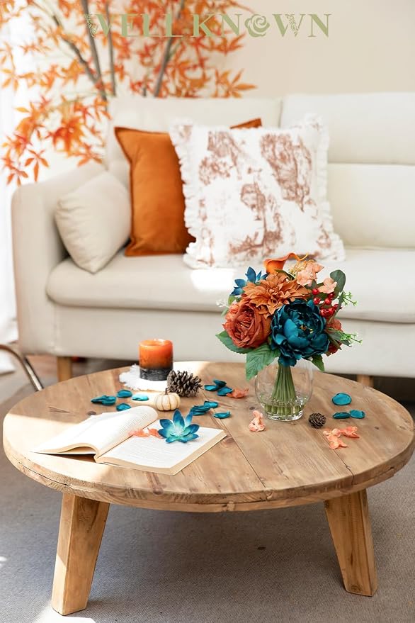Artificial Flowers in Vase with Fake Water, Faux Silk Peony Dahlia Bouquet, Teal Burnt Orange Flowers Arrangement for Dining Table Centerpiece Wedding Party Spring Home Decor & Birthday Gift