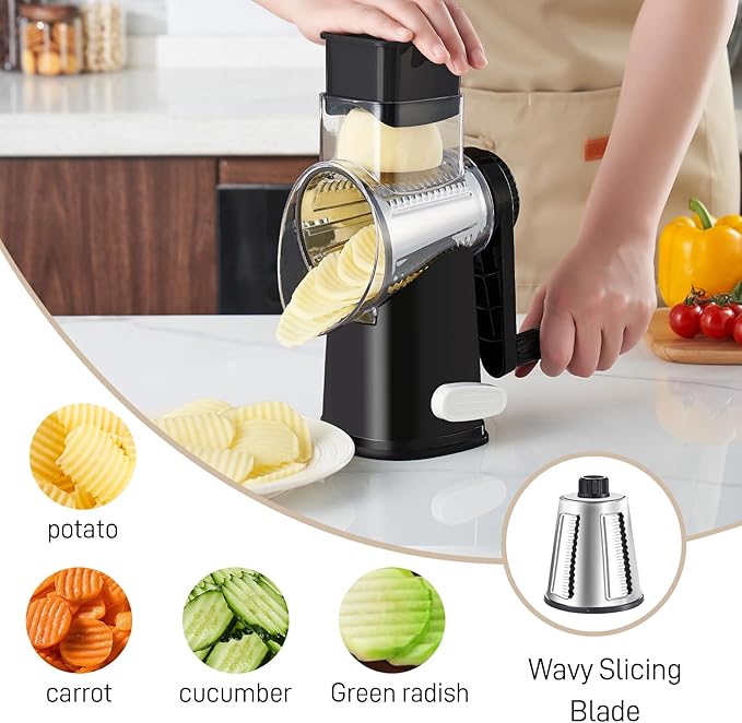 Weltonhm Rotary Cheese Graters with 4 Blades, Hand Crank Cheese Grater with Waffle Slicer, Black and White Cheese Shredder with Suction Base, Easier for Shredding & Grating (Black, 4 Graters)