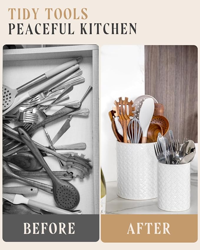 Nucookery Utensil Holder for Kitchen Counter, White Large Stable Ceramic Cooking Utensil Crock for Countertop Organizer, Farmhouse Decor,Set of 2, 7.1"&5.4", Christmas Thanksgiving Gift, Woven Pattern