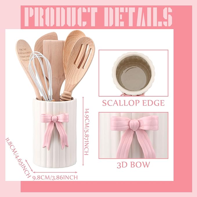 LemonRoad Pink Bow Ceramic Utensil Holder 3D Coquette Handmade Pink Kitchen Decor Gifts Cooking Utensil Crock with Scalloped Preppy Caddy Pen Holder Vase Graduation Gift for College Students
