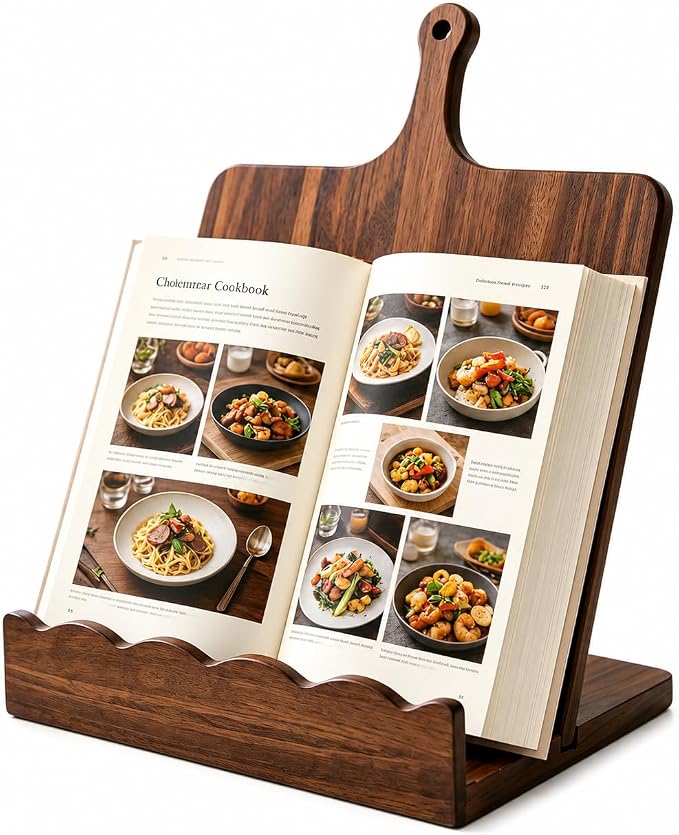 Acacia Wood Cookbook Stand for Kitchen Counter 15.7"x11.8" with Handle, 2-Piece Scalloped Recipe Book Holder with Removable Charcuterie Board, Rustic Kitchen Decor, Gift-Ready Recipe Card Display