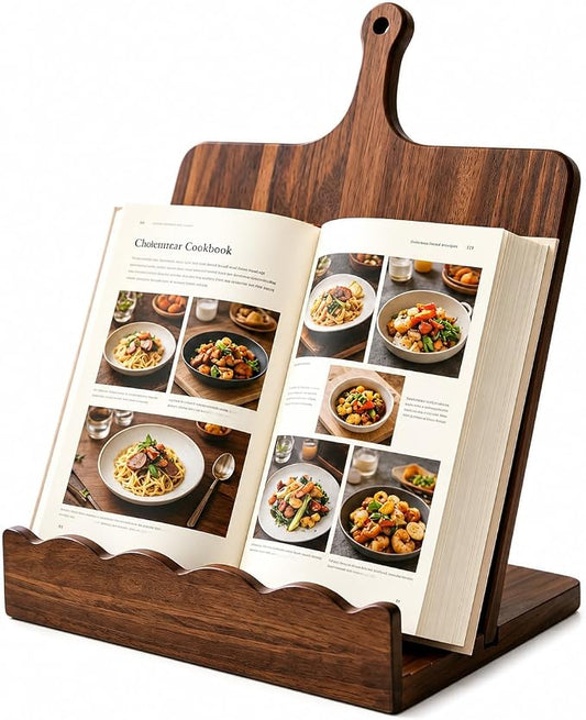 Acacia Wood Cookbook Stand for Kitchen Counter 15.7"x11.8" with Handle, 2-Piece Scalloped Recipe Book Holder with Removable Charcuterie Board, Rustic Kitchen Decor, Gift-Ready Recipe Card Display