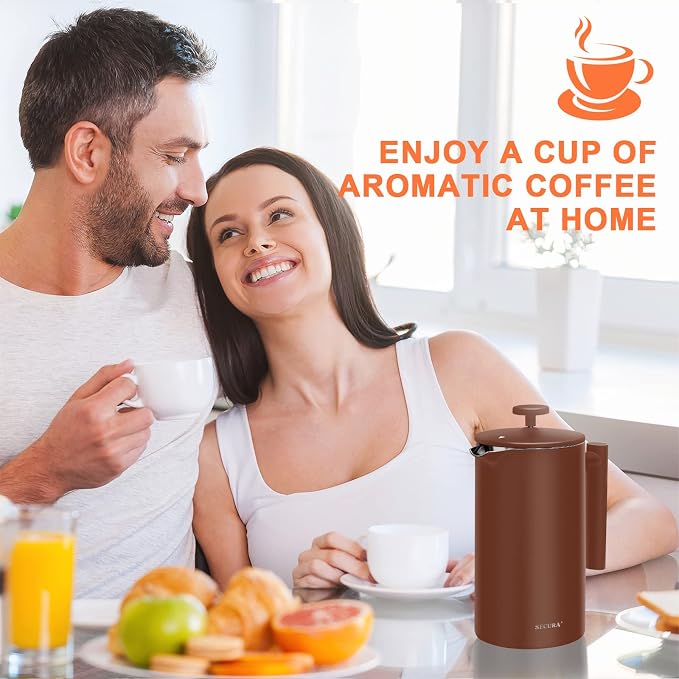 Secura French Press Coffee Maker, 304 Grade Stainless Steel Insulated Coffee Press with 2 Extra Screens, 34oz (1 Litre), Coffee (Pack of 12)