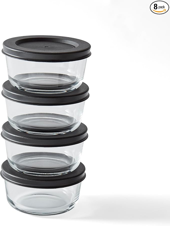 8-Piece Glass Food Storage Containers Set (4 Containers + 4 BPA-Free Lids) | 1-Cup, Leakproof | Microwave, Freezer, Oven & Dishwasher Safe | Ideal for Meal Prep & Pantry Organization, Black