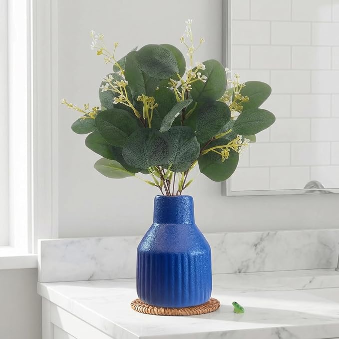Artificial Eucalyptus Greenery Stems in Ceramic Vase 10Pcs Fake Plants Eucalyptus Leaves for Centerpiece Table Decorations Home Room Decor Office Desk Decor Greenery Decor Indoor (Blue)