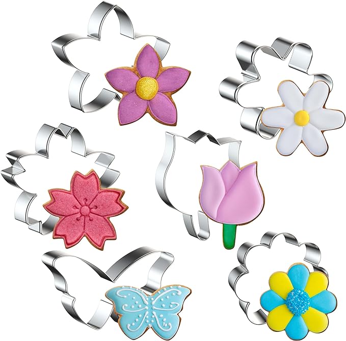 FUSOTO 6PCS Flower Cookie Cutter Set, 3 Inches Flower Shaped Cookie Cutter-Daisy, Tulip, 3 Shaped of Flowers, Butterfly, Stainless Steel Cookie Cutters, Baking Tool for Homemaking Cookie