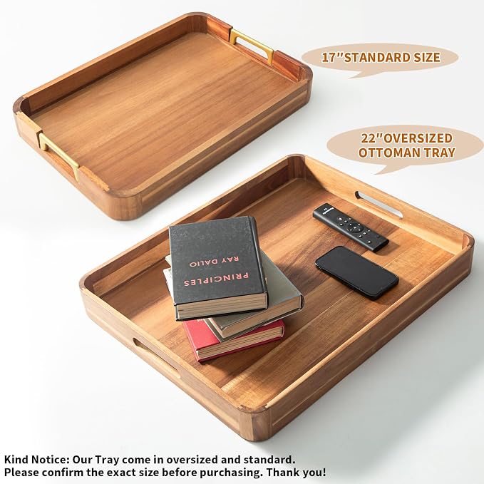 Large Wooden Ottoman Tray Great Rectangle Trays for Big Ottoman 22"x18" Coffee Table Tray for Kitchen Huge Wood Serving Tray with Round Corner for Living Room Decor Centerpiece Organizer