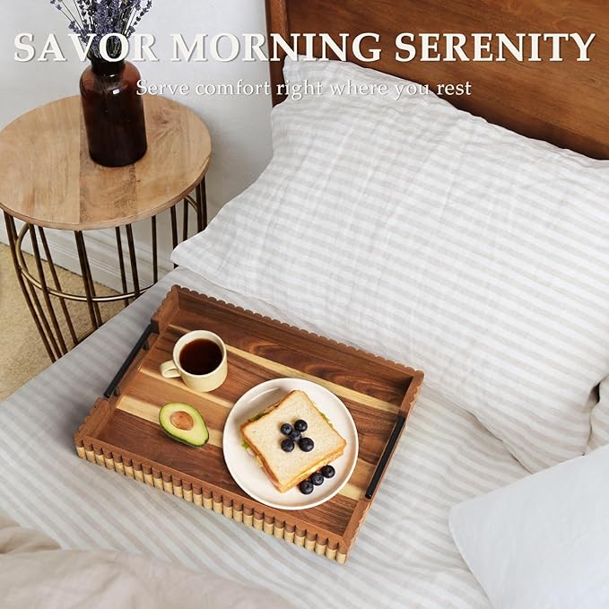 Acacia Wood Decorative Serving Tray with Handles, 16.7" x 12.8" Large Wooden Ottoman Tray for Living Room, Coffee Table Tray Decor for Food, Dinner, Tea or Breakfast in Bed (Natural)