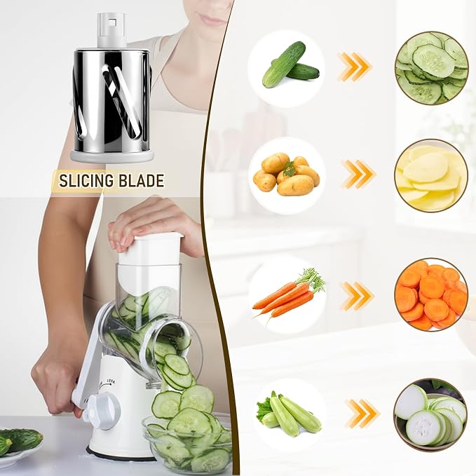 Rotary Cheese Grater Hand Crank Cheese Shredder, Kitchen Mandoline Vegetable Slicer for Fresh Cheese, Vegetable, Nuts, Non-slip Suction Base, 3 Blades