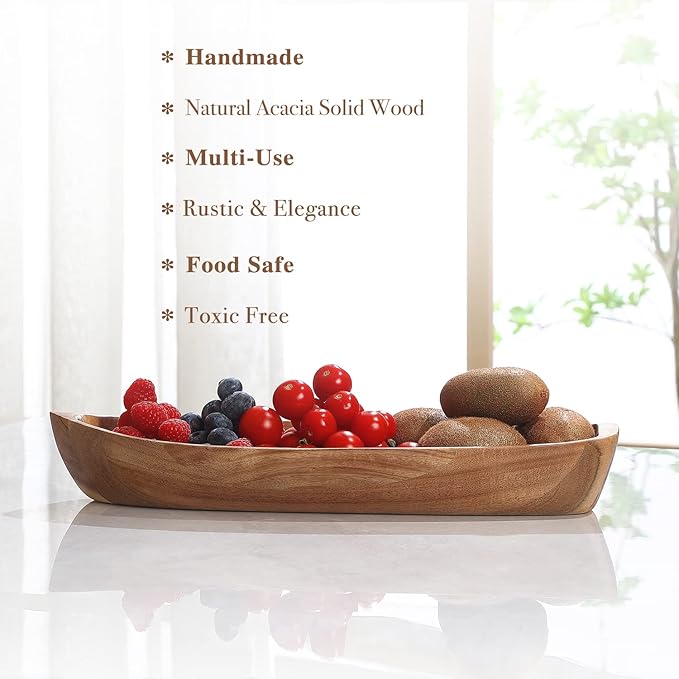 Lucky Boat Serving Tray, Acacia Solid Wood Interesting Shape Plate for Serving Desserts, Fruit, Snack and House Ornament,Key Tray,Functional and Storage Decorative Bowl。(L)
